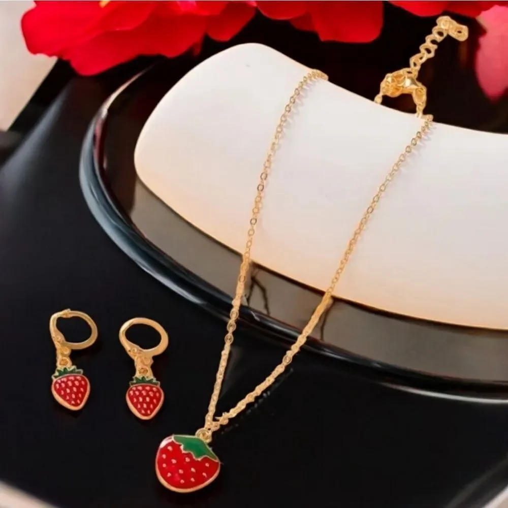 Girls Red Seeded Strawberry Jewelry Set Necklace Pierced Earrings Leverback Hoop